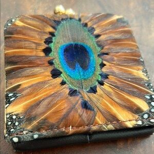 Vintage Lee Sands Mini Cosmetic Case with Mirror Peacock  Pheasant/ Guinea Hen